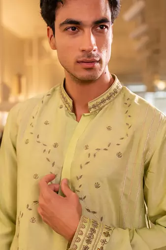 Green embroidered raw silk kurta