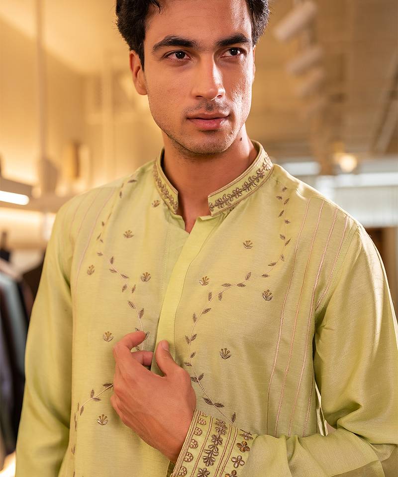 Green embroidered raw silk kurta