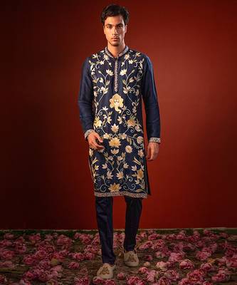 Navy blue embroidered raw silk kurta 1