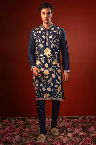 Navy blue embroidered raw silk kurta