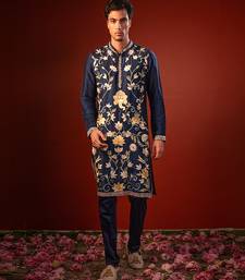 Navy blue embroidered raw silk kurta