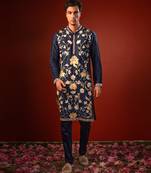 Navy blue embroidered raw silk kurta