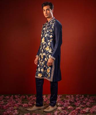 Navy blue embroidered raw silk kurta 2