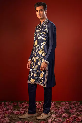Navy blue embroidered raw silk kurta