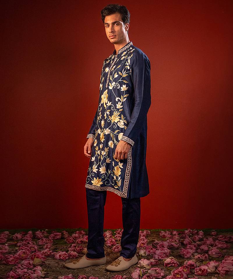 Navy blue embroidered raw silk kurta