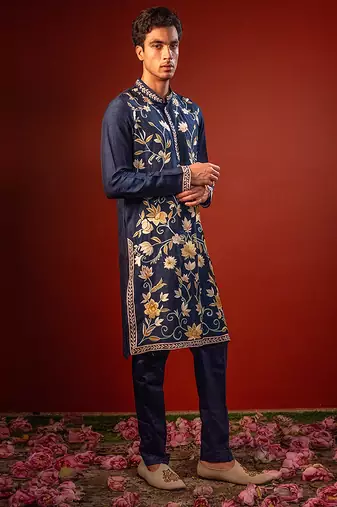Navy blue embroidered raw silk kurta