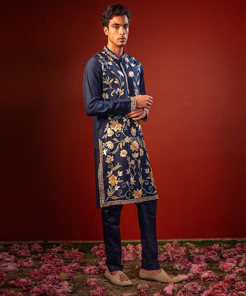 Navy blue embroidered raw silk kurta