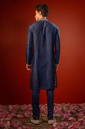 Navy blue embroidered raw silk kurta