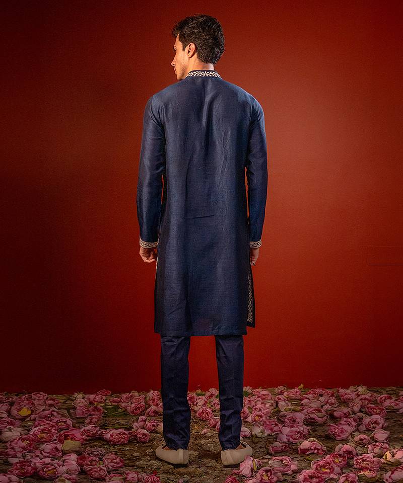 Navy blue embroidered raw silk kurta