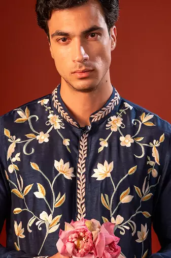 Navy blue embroidered raw silk kurta