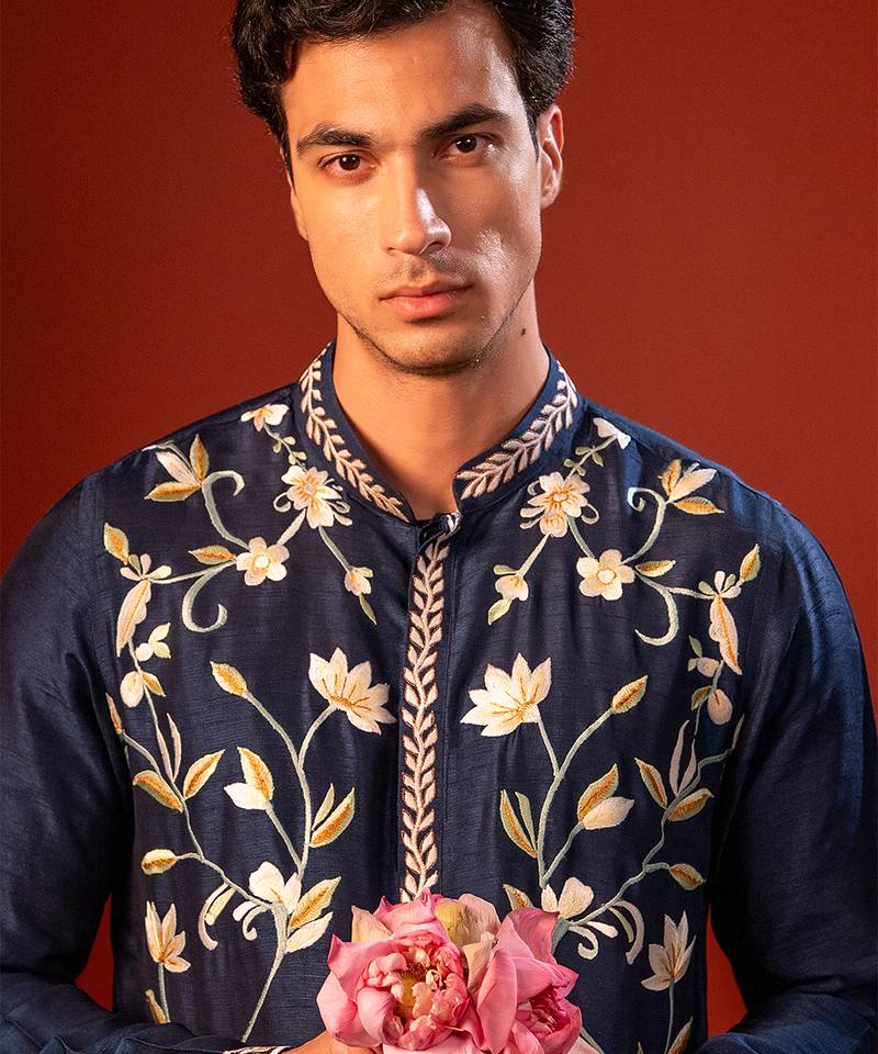 Navy blue embroidered raw silk kurta