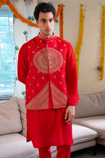 Red embroidered raw silk kurta and nehru jacket