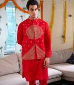 Red embroidered raw silk kurta and nehru jacket