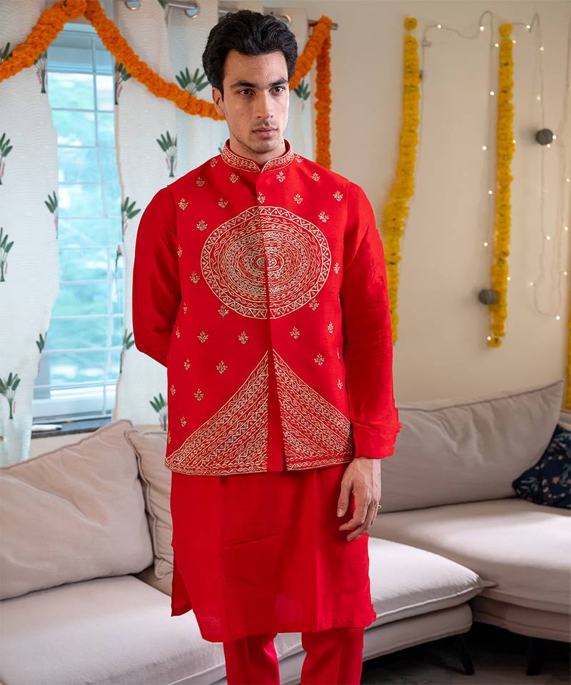 Red embroidered raw silk kurta and nehru jacket