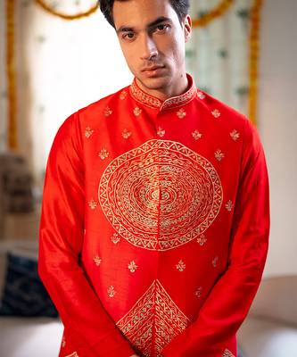 Red embroidered raw silk kurta and nehru jacket 2