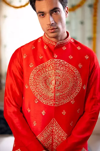 Red embroidered raw silk kurta and nehru jacket