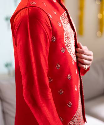 Red embroidered raw silk kurta and nehru jacket 3
