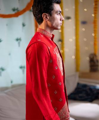 Red embroidered raw silk kurta and nehru jacket 4