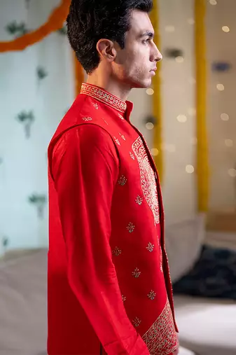 Red embroidered raw silk kurta and nehru jacket
