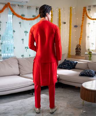 Red embroidered raw silk kurta and nehru jacket 5