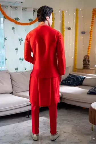 Red embroidered raw silk kurta and nehru jacket