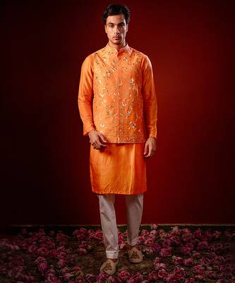 Orange embroidered raw silk kurta and nehru jacket 1