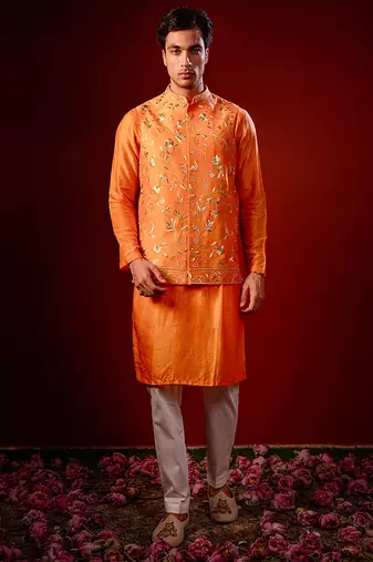 Orange embroidered raw silk kurta and nehru jacket