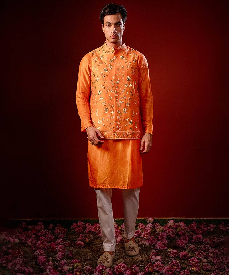 Orange embroidered raw silk kurta and nehru jacket