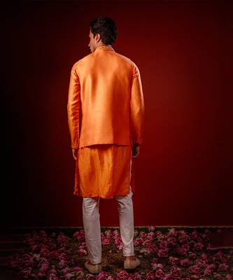 Orange embroidered raw silk kurta and nehru jacket 2