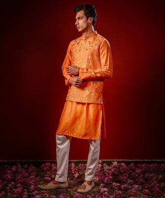 Orange embroidered raw silk kurta and nehru jacket 3