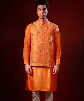 Orange embroidered raw silk kurta and nehru jacket 4