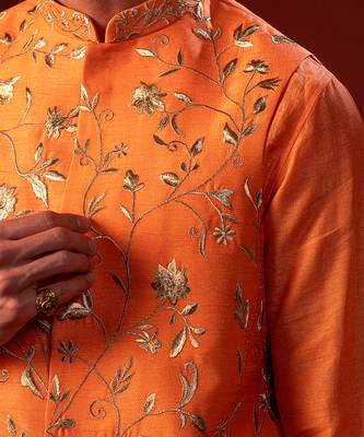 Orange embroidered raw silk kurta and nehru jacket 5