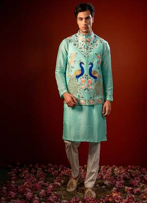 Blue embroidered raw silk kurta and nehru jacket 1