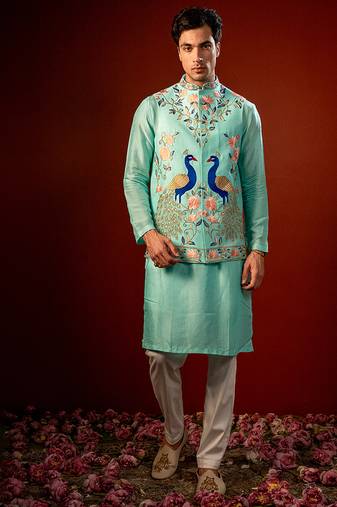 Blue embroidered raw silk kurta and nehru jacket