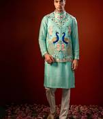 Blue embroidered raw silk kurta and nehru jacket