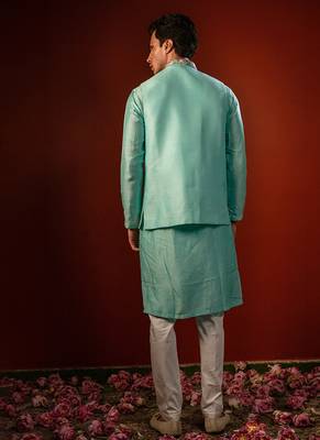 Blue embroidered raw silk kurta and nehru jacket 2