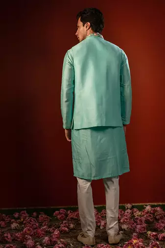 Blue embroidered raw silk kurta and nehru jacket