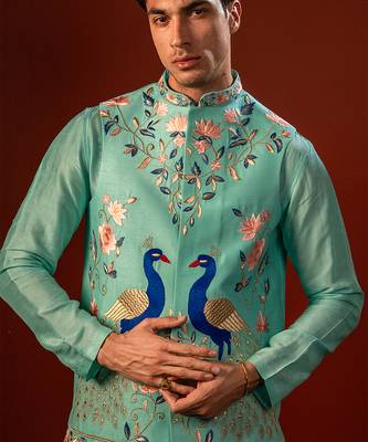 Blue embroidered raw silk kurta and nehru jacket 3