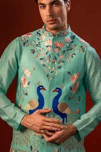 Blue embroidered raw silk kurta and nehru jacket
