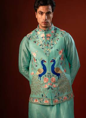 Blue embroidered raw silk kurta and nehru jacket 4