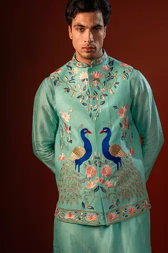 Blue embroidered raw silk kurta and nehru jacket