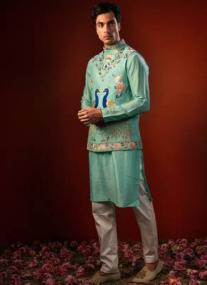 Blue embroidered raw silk kurta and nehru jacket 5