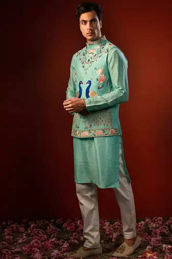 Blue embroidered raw silk kurta and nehru jacket