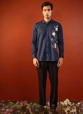 Navy blue embroidered cotton flex shirt 1