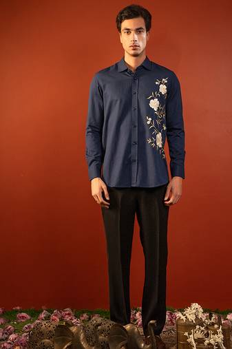 Navy blue embroidered cotton flex shirt