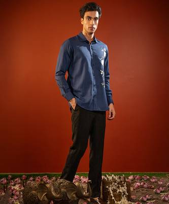 Navy blue embroidered cotton flex shirt 2