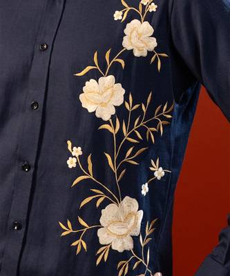 Navy blue embroidered cotton flex shirt 4