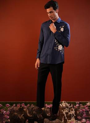 Navy blue embroidered cotton flex shirt 5