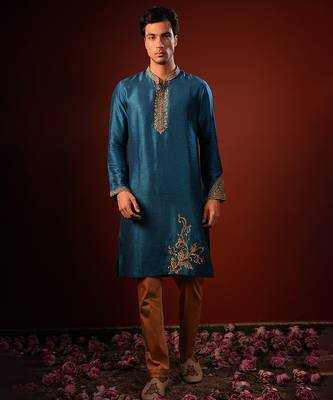 Blue embroidered raw silk kurta 1