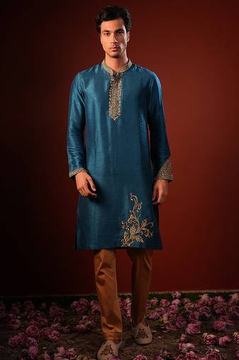 Blue embroidered raw silk kurta